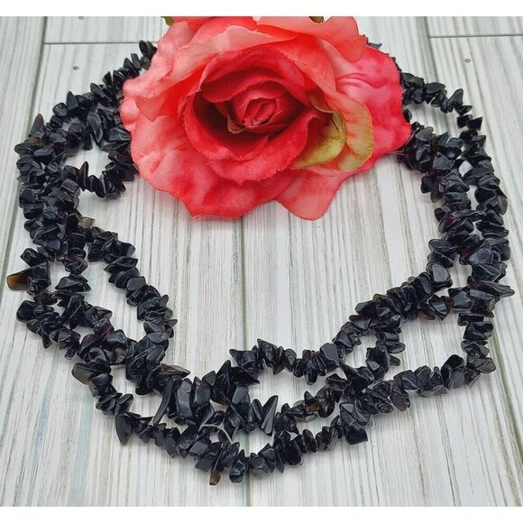 Stone Multi Strand Artisan Statement Necklace &  Earrings Black Chip Stone - Picture 9 of 11